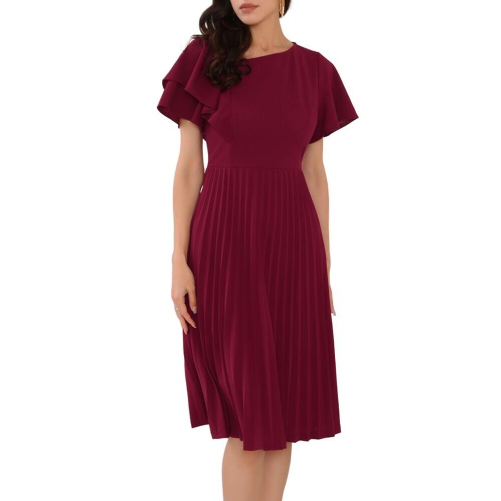 Dressy Casual Ruffled Asymmetric Neck A-Line Midi Pleated Dresses Dark Red